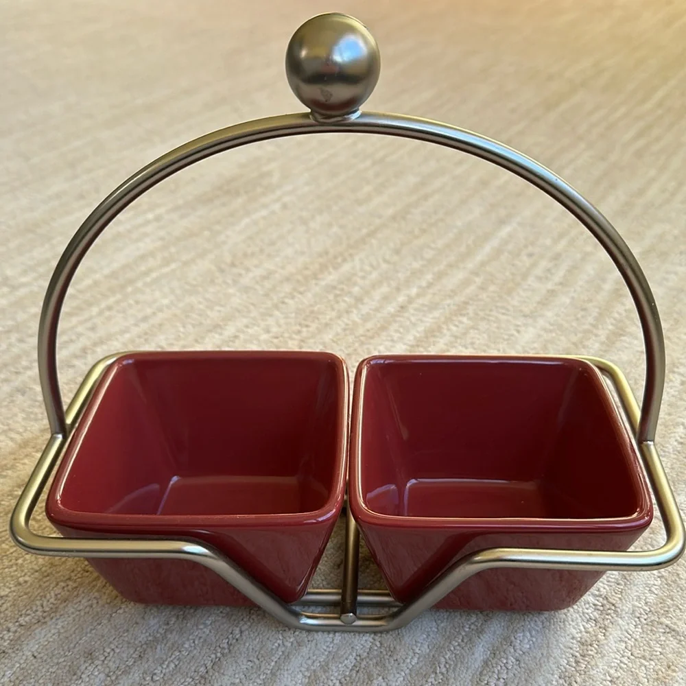 PAMPERED CHEF Simple Additions Silver Caddy w/ 2 Square Cranberry Bowls
